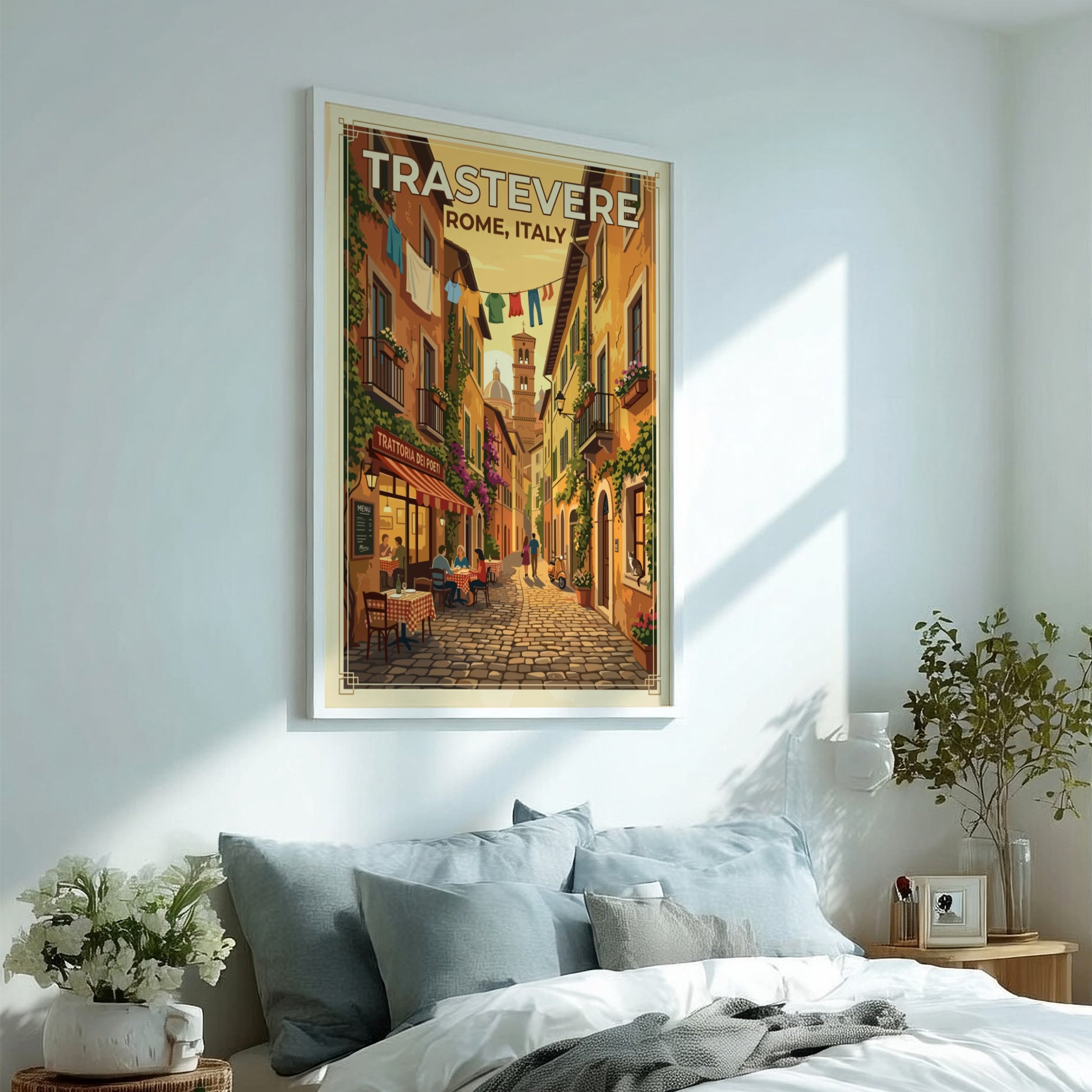 Travel poster of Trastevere, Rome featuring vintage style and warm colors