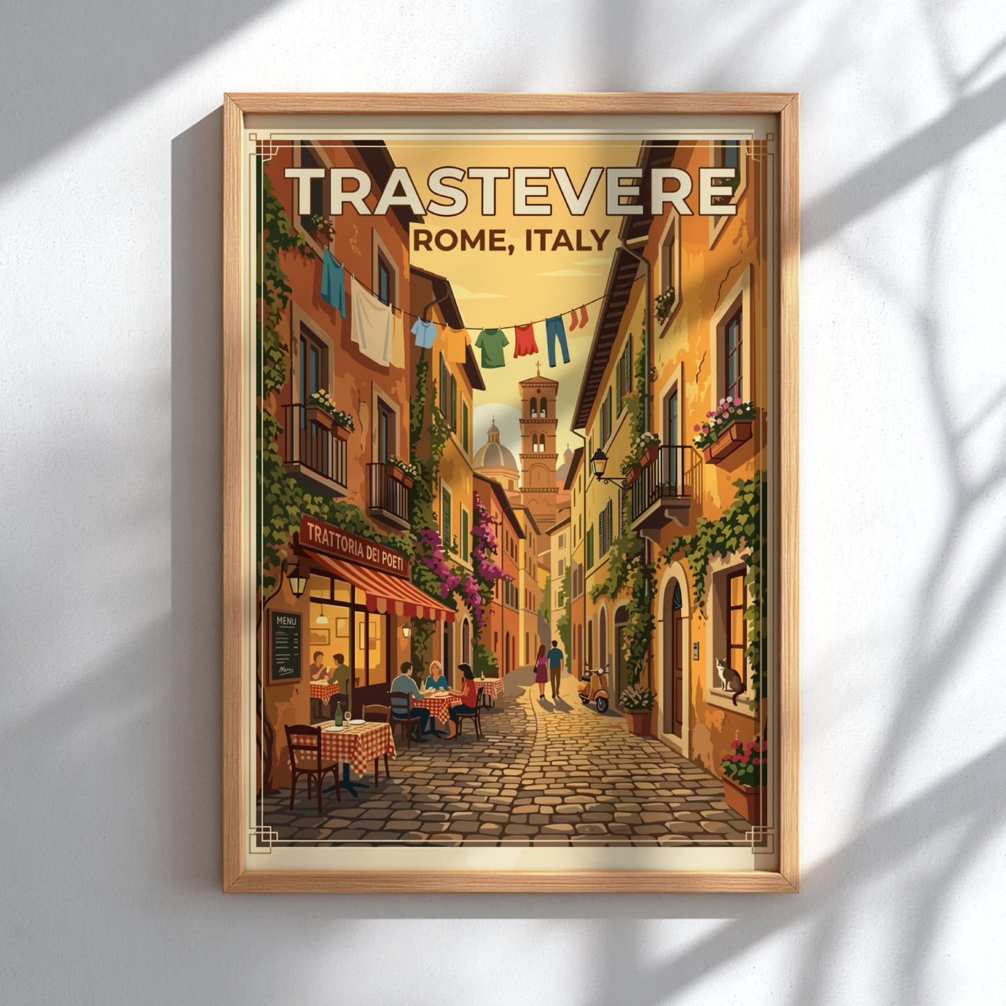 Travel poster of Trastevere, Rome featuring vintage style and warm colors