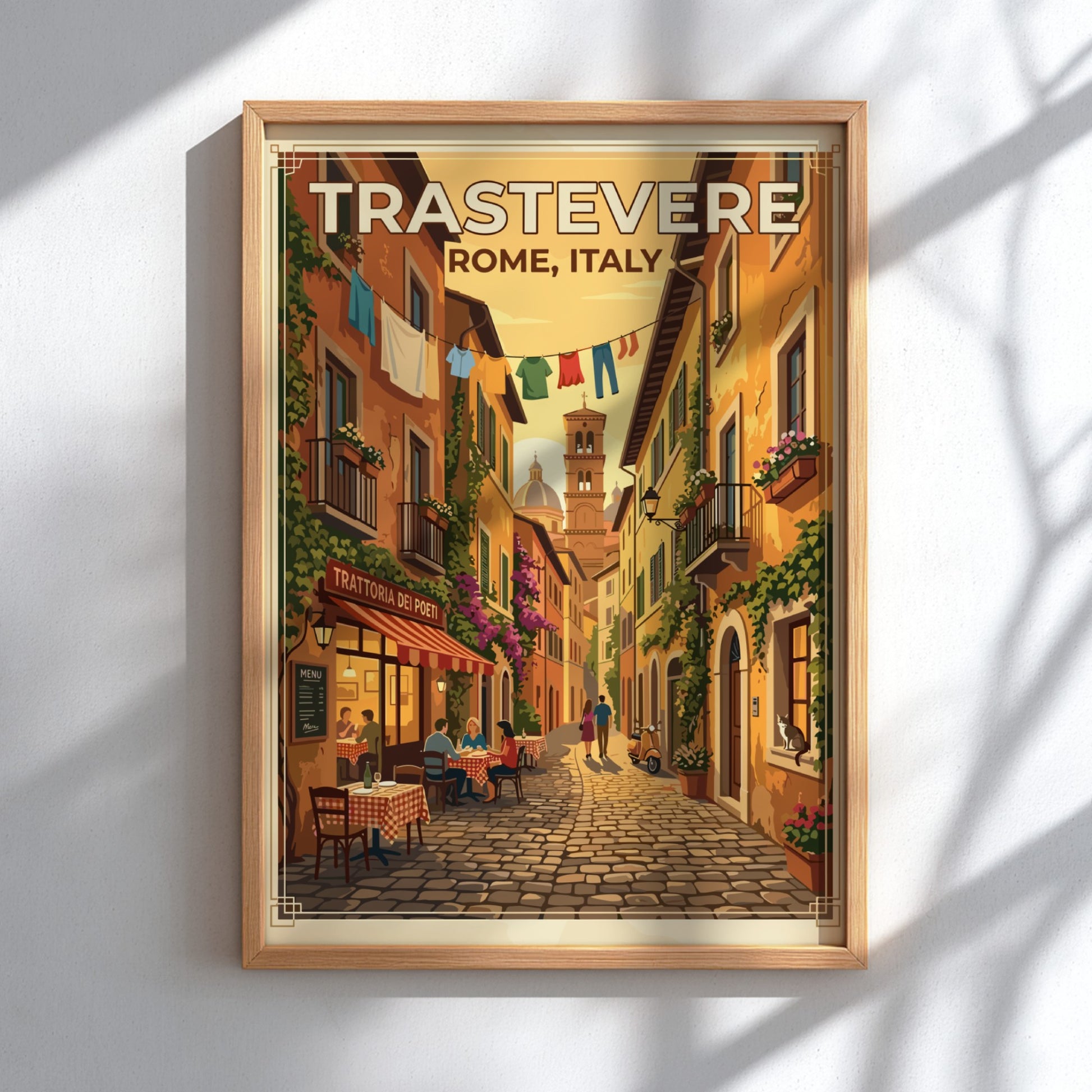 Travel poster of Trastevere, Rome featuring vintage style and warm colors