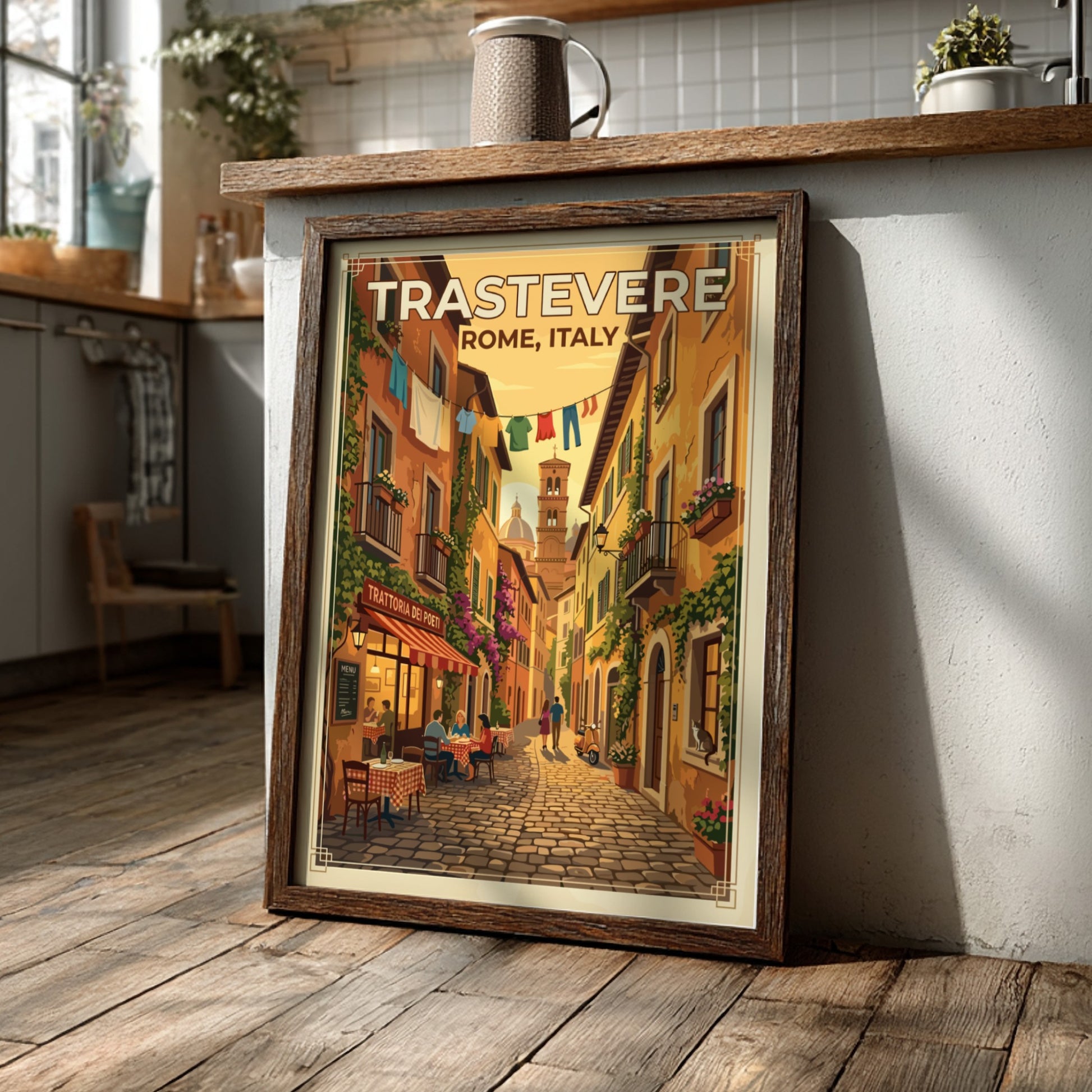 Travel poster of Trastevere, Rome featuring vintage style and warm colors