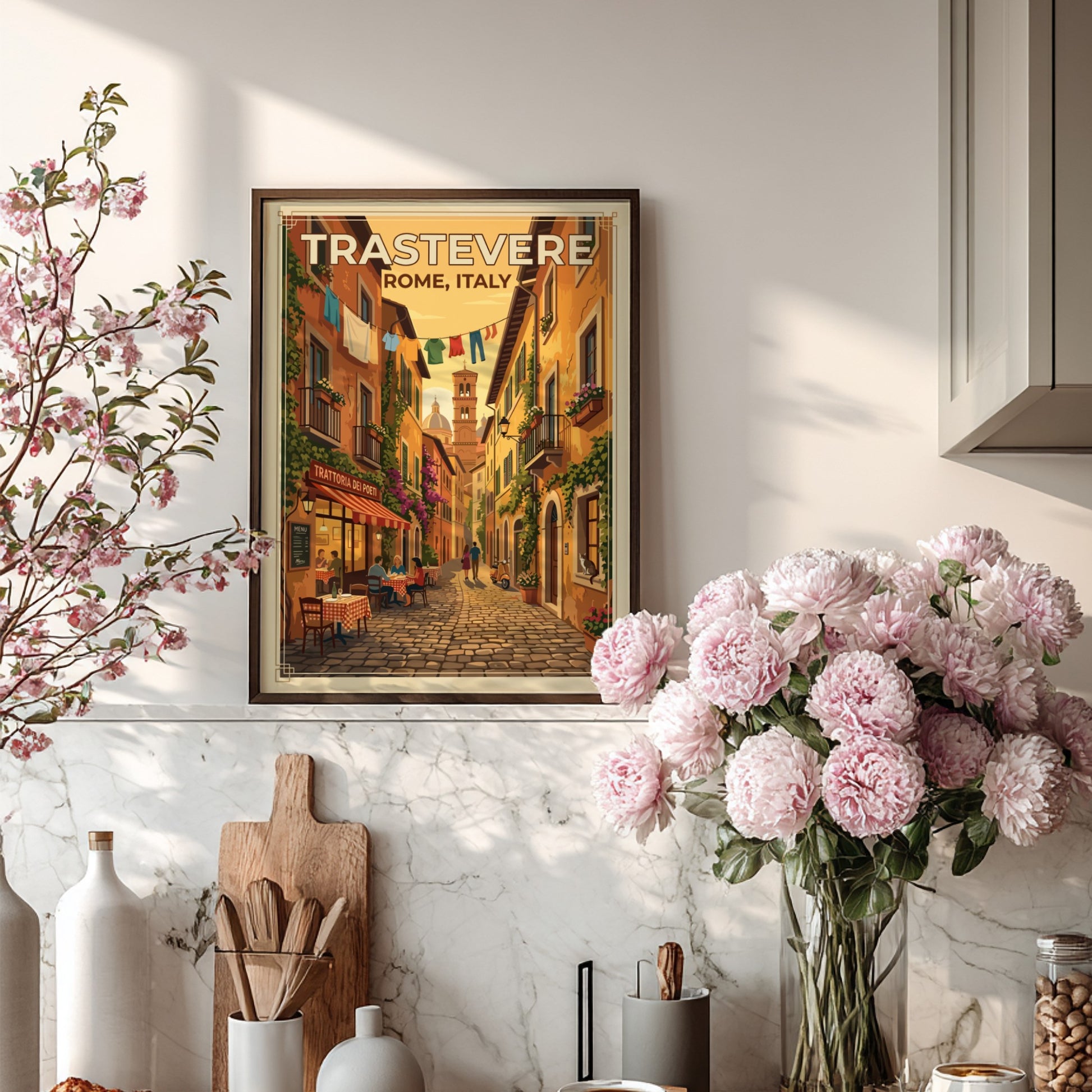 Travel poster of Trastevere, Rome featuring vintage style and warm colors