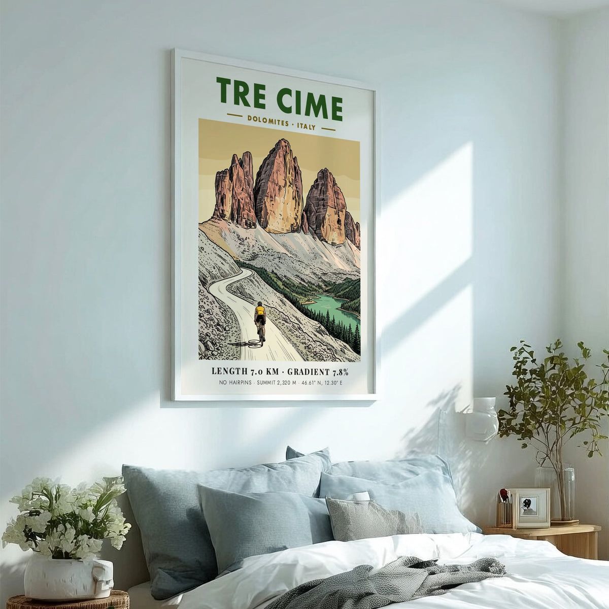Poster of a lone cyclist riding through the jagged Tre Cime mountain peaks.