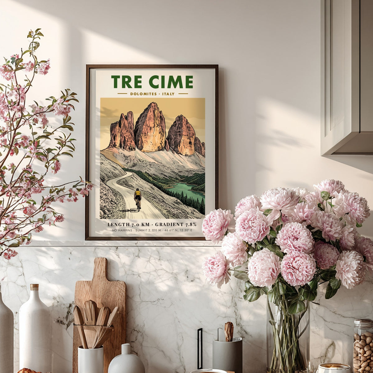 Poster of a lone cyclist riding through the jagged Tre Cime mountain peaks.
