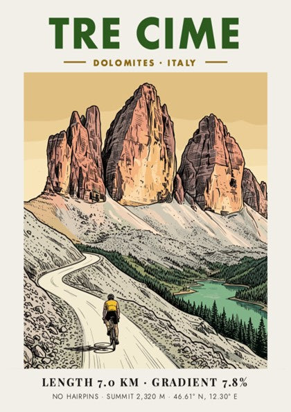 Poster of a lone cyclist riding through the jagged Tre Cime mountain peaks.