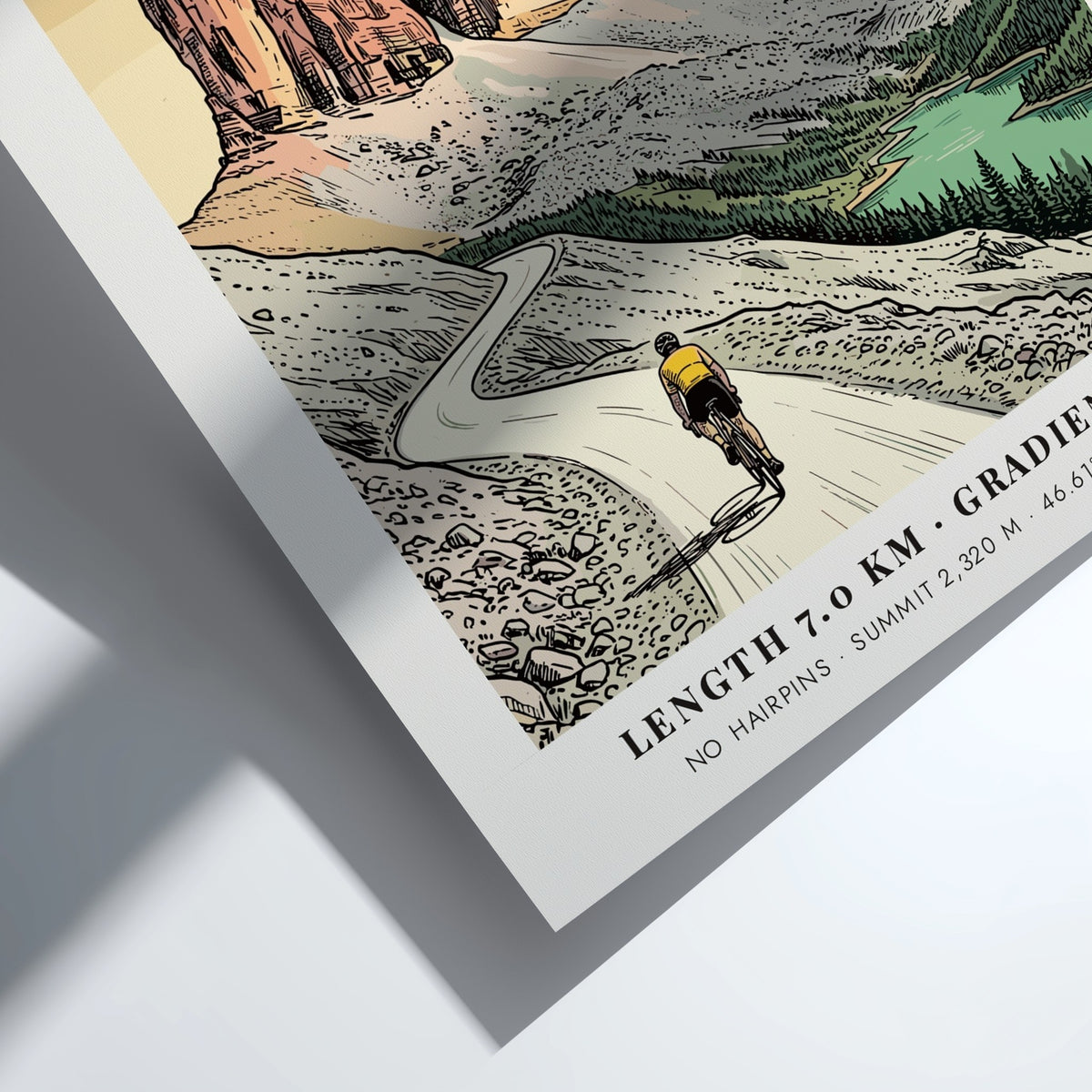 Poster of a lone cyclist riding through the jagged Tre Cime mountain peaks.