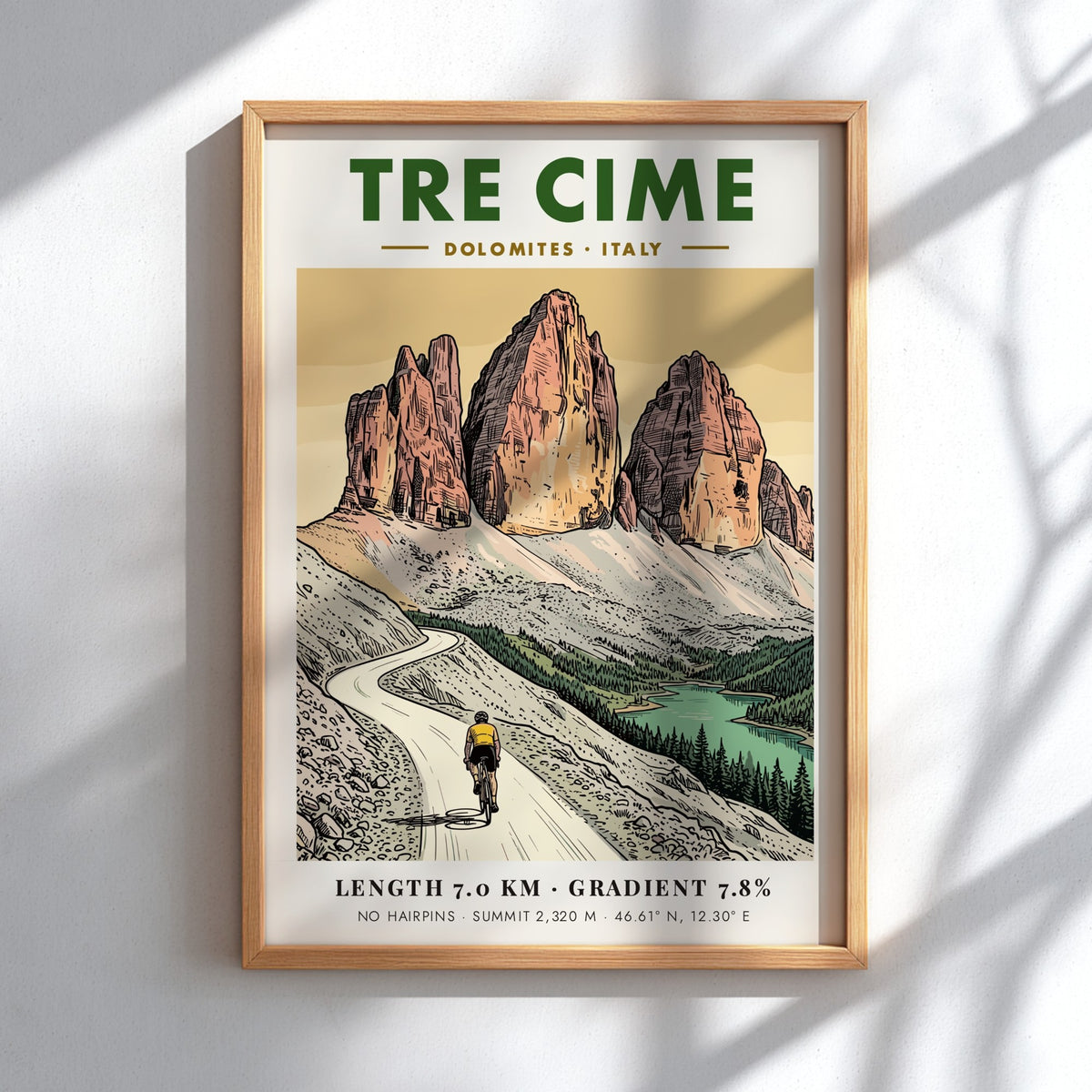 Poster of a lone cyclist riding through the jagged Tre Cime mountain peaks.