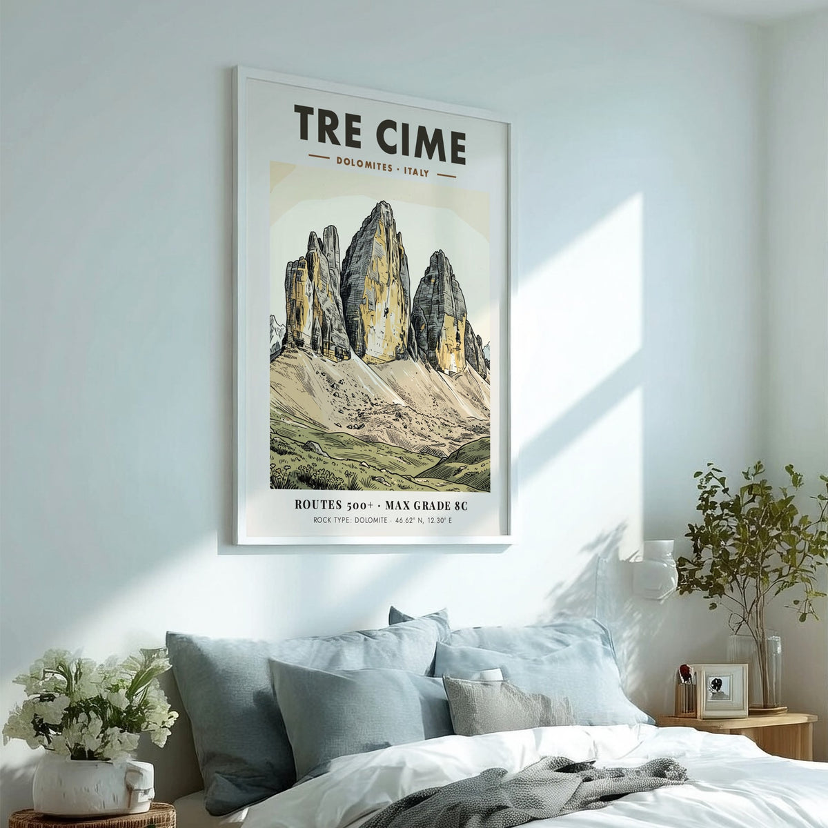 Poster of Tre Cime mountains in Italy with a climber on rock face.