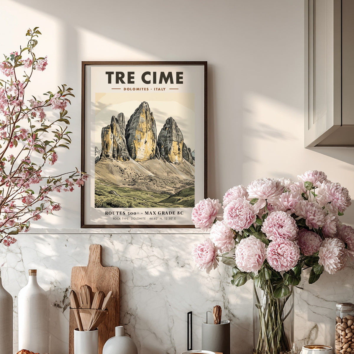 Poster of Tre Cime mountains in Italy with a climber on rock face.