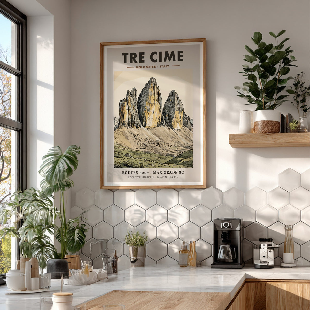 Poster of Tre Cime mountains in Italy with a climber on rock face.
