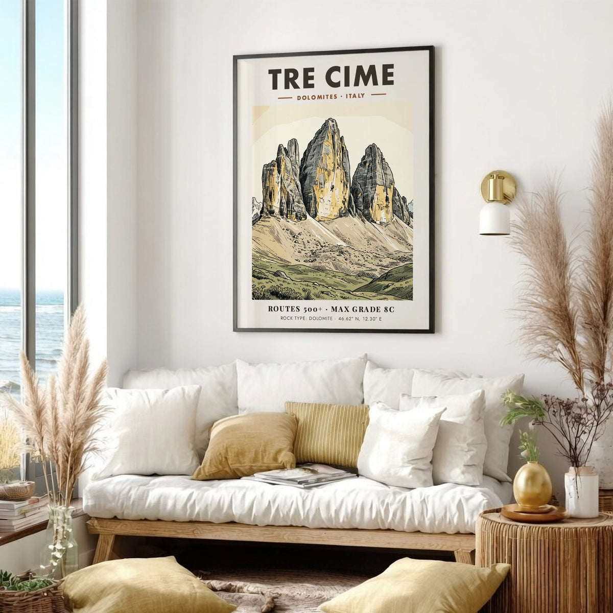 Poster of Tre Cime mountains in Italy with a climber on rock face.