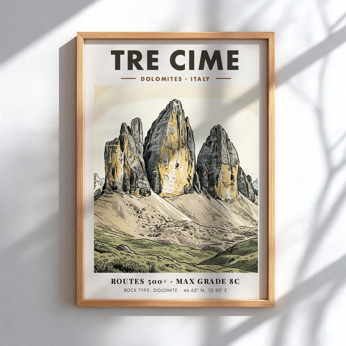 Poster of Tre Cime mountains in Italy with a climber on rock face.