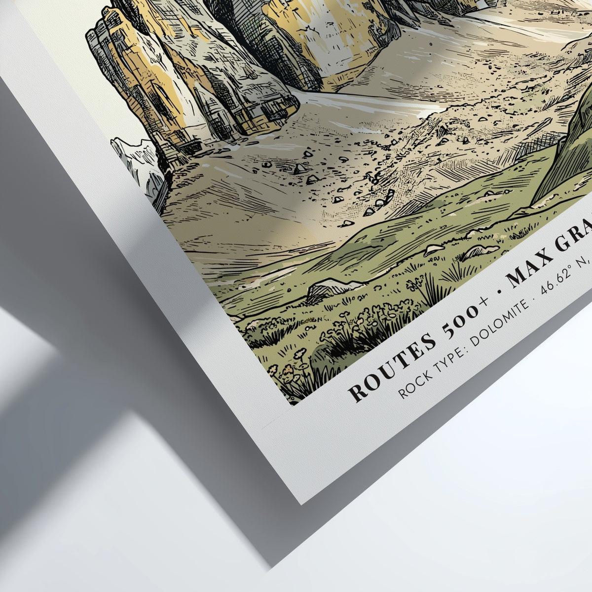 Poster of Tre Cime mountains in Italy with a climber on rock face.