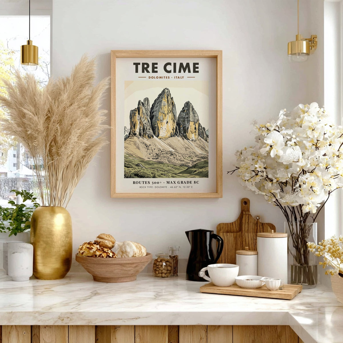 Poster of Tre Cime mountains in Italy with a climber on rock face.