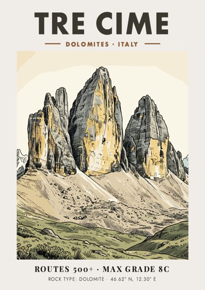 Poster of Tre Cime mountains in Italy with a climber on rock face.