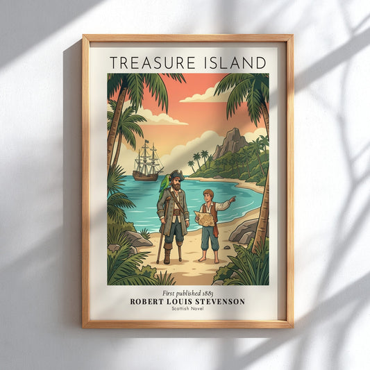 Treasure Island poster showing Long John Silver and a boy on a tropical beach.