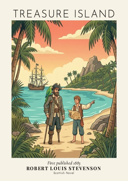 Treasure Island poster showing Long John Silver and a boy on a tropical beach.