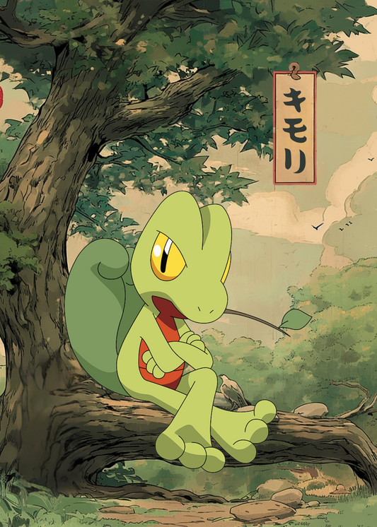 Illustration of Treecko Pokemon under a tree on a white wall.