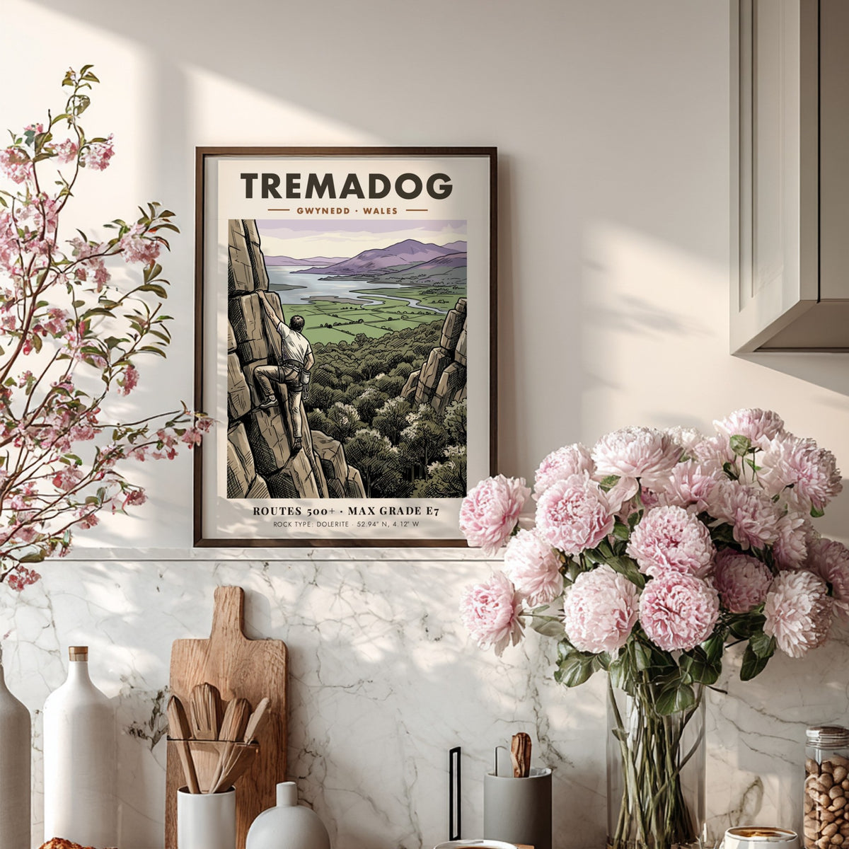 Poster of a climber on a Tremadog rock face with Welsh mountain scenery