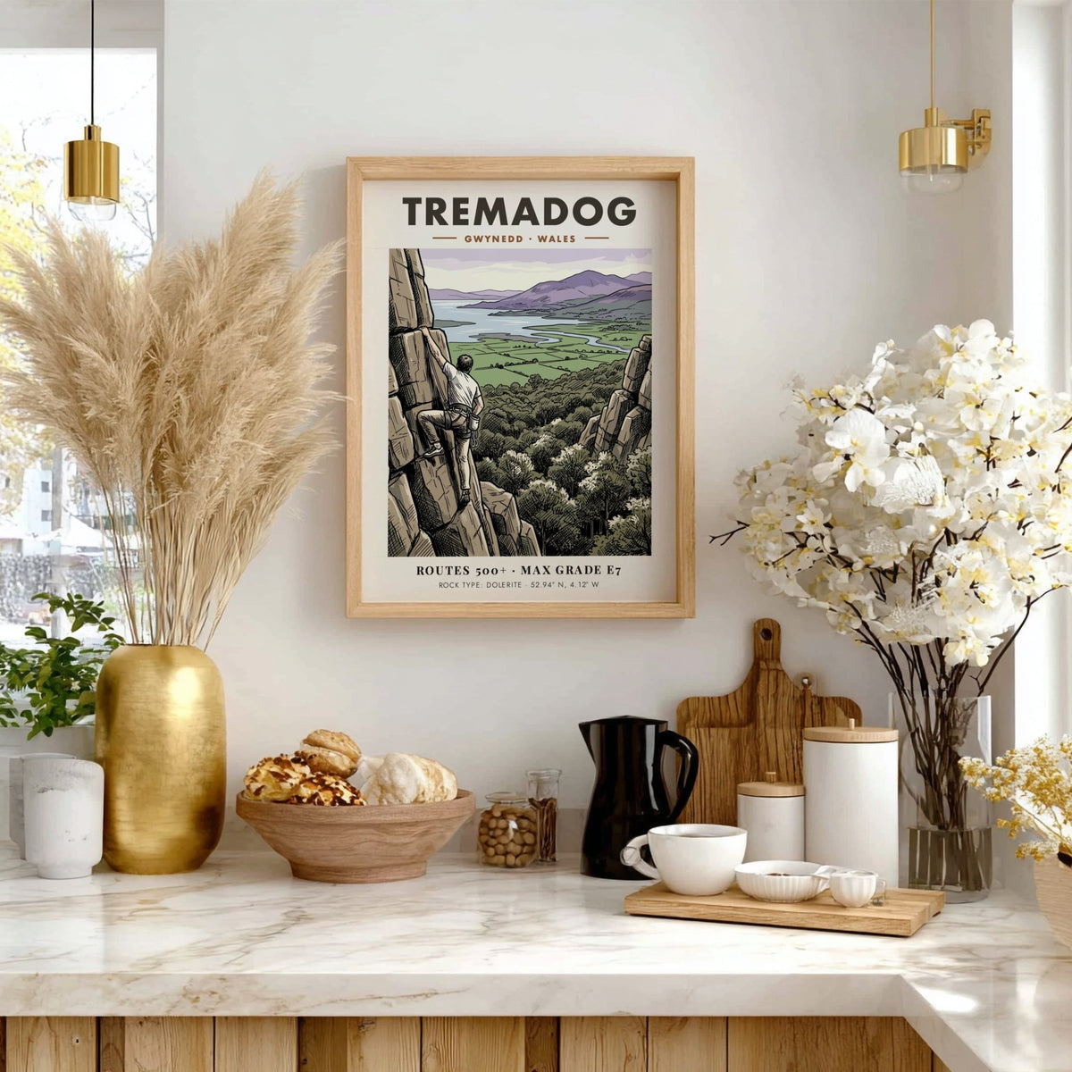 Poster of a climber on a Tremadog rock face with Welsh mountain scenery