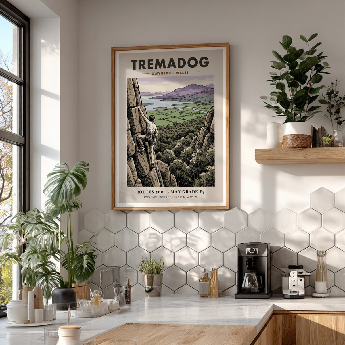 Poster of a climber on a Tremadog rock face with Welsh mountain scenery