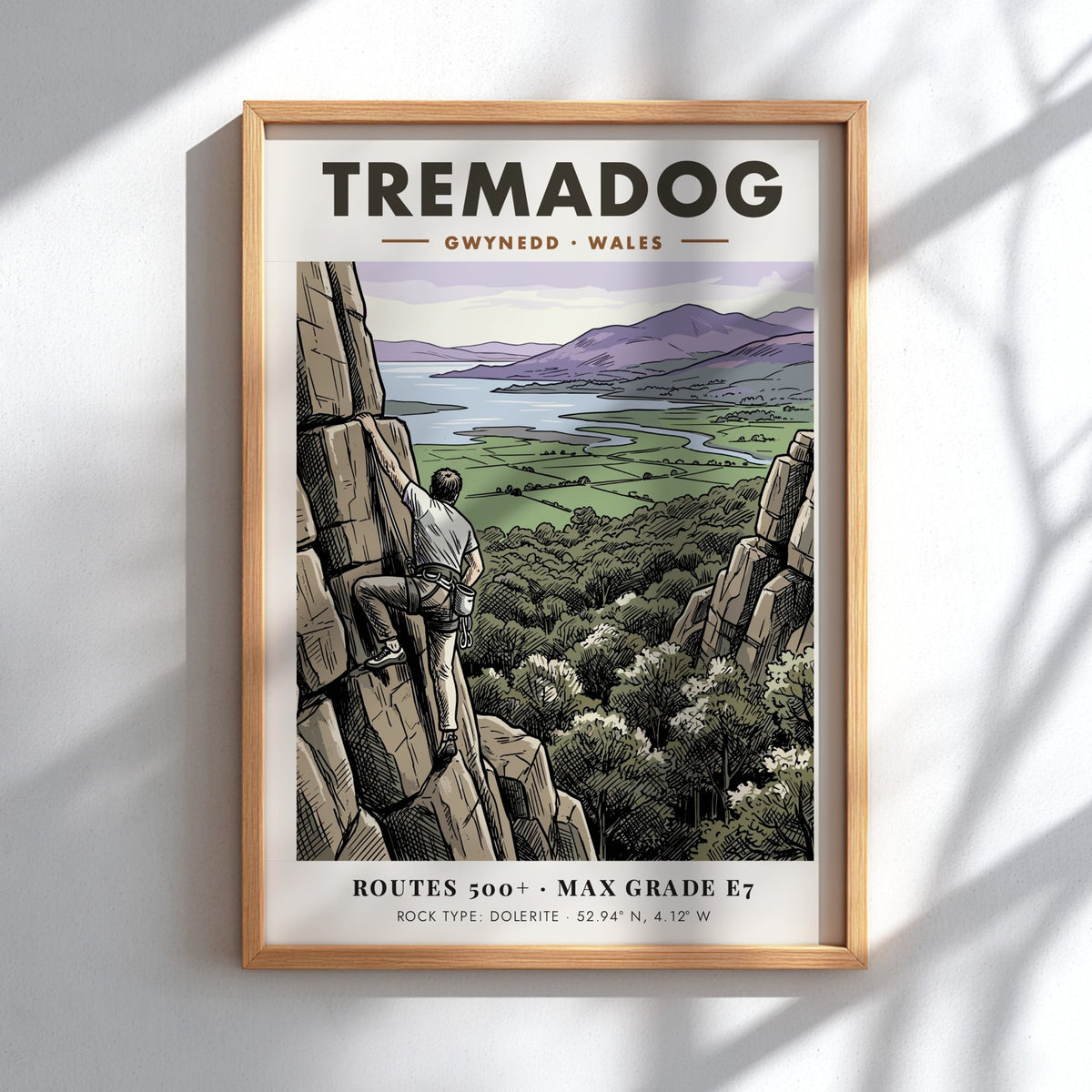 Poster of a climber on a Tremadog rock face with Welsh mountain scenery