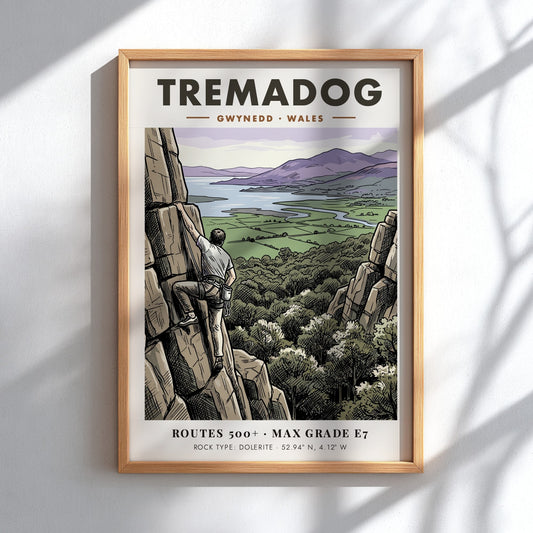 Poster of a climber on a Tremadog rock face with Welsh mountain scenery