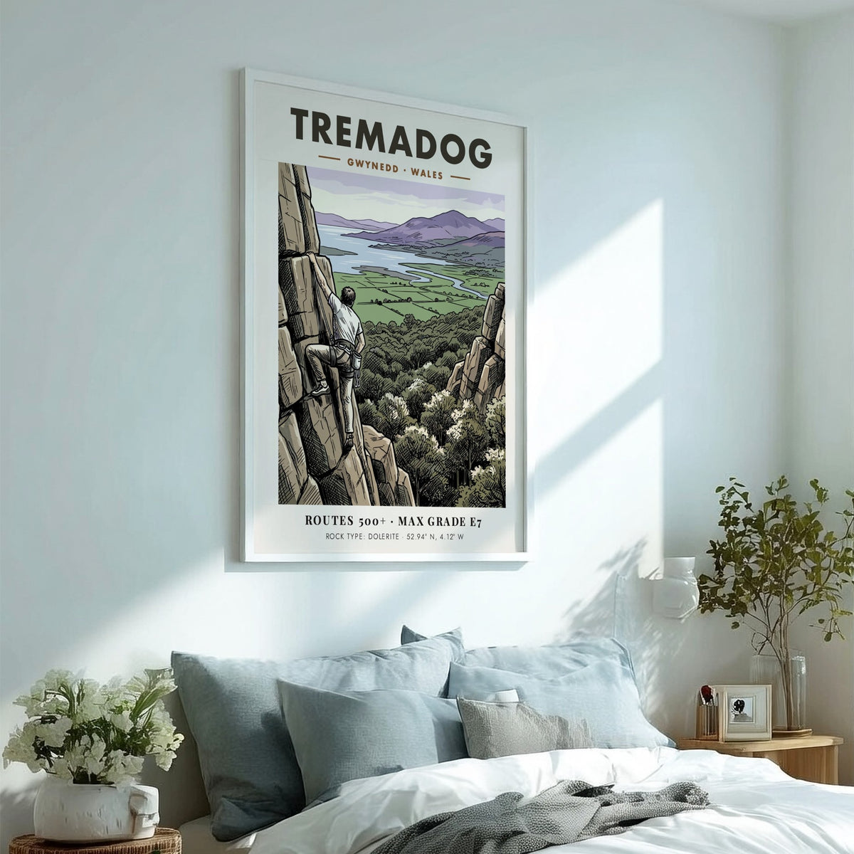 Poster of a climber on a Tremadog rock face with Welsh mountain scenery