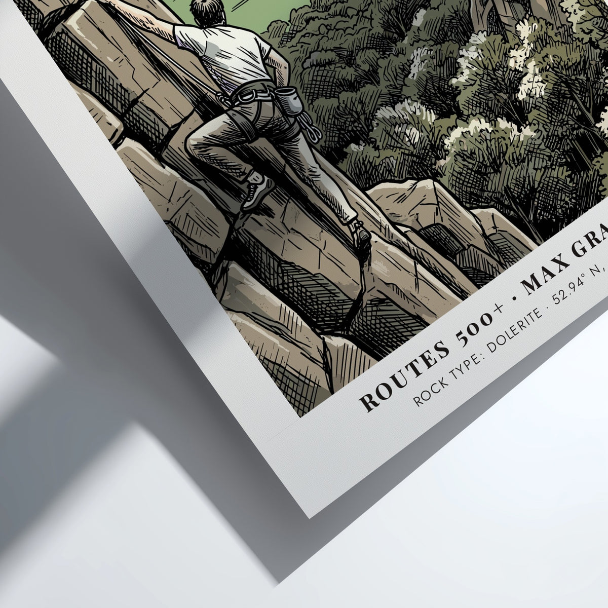 Poster of a climber on a Tremadog rock face with Welsh mountain scenery