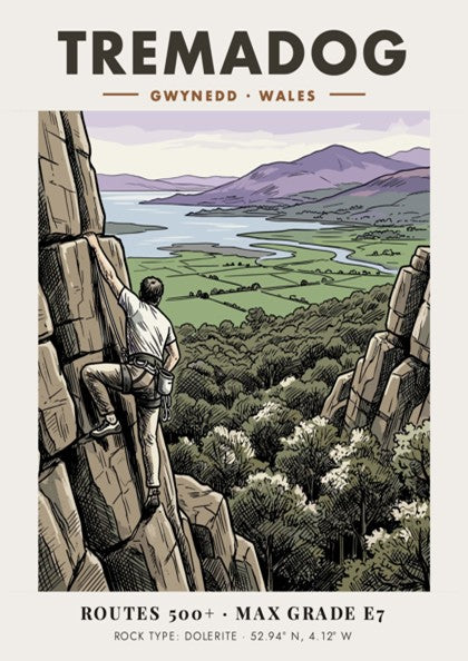 Poster of a climber on a Tremadog rock face with Welsh mountain scenery