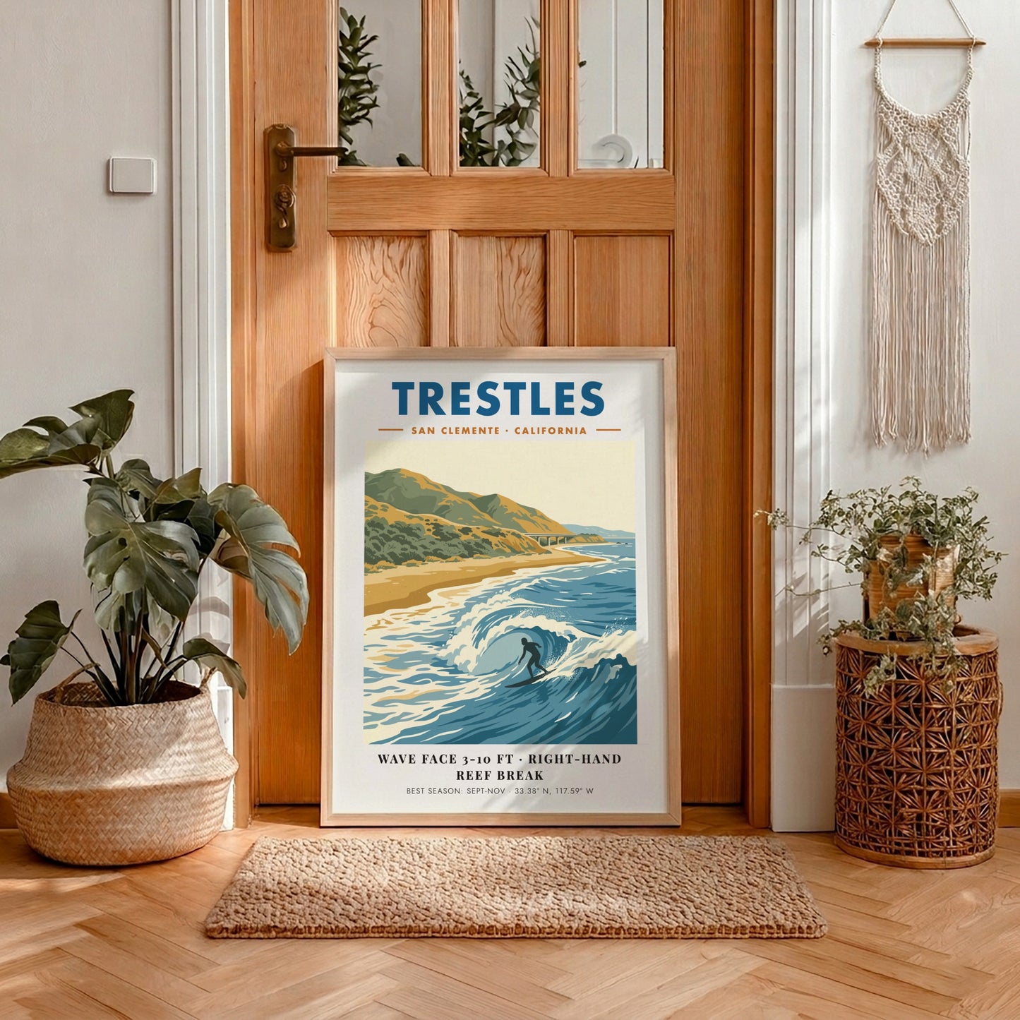 Vintage travel poster of Trestles surf break in San Clemente with blue ocean waves.