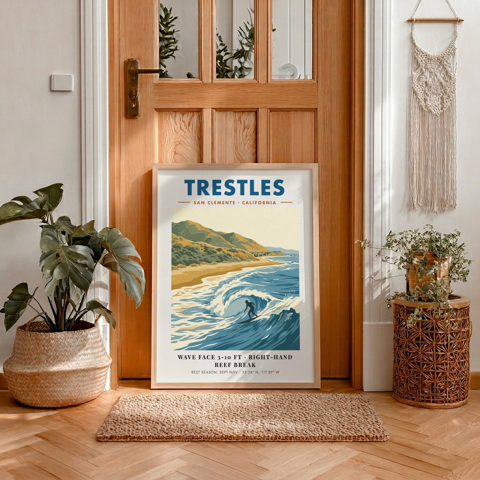 Vintage travel poster of Trestles surf break in San Clemente with blue ocean waves.