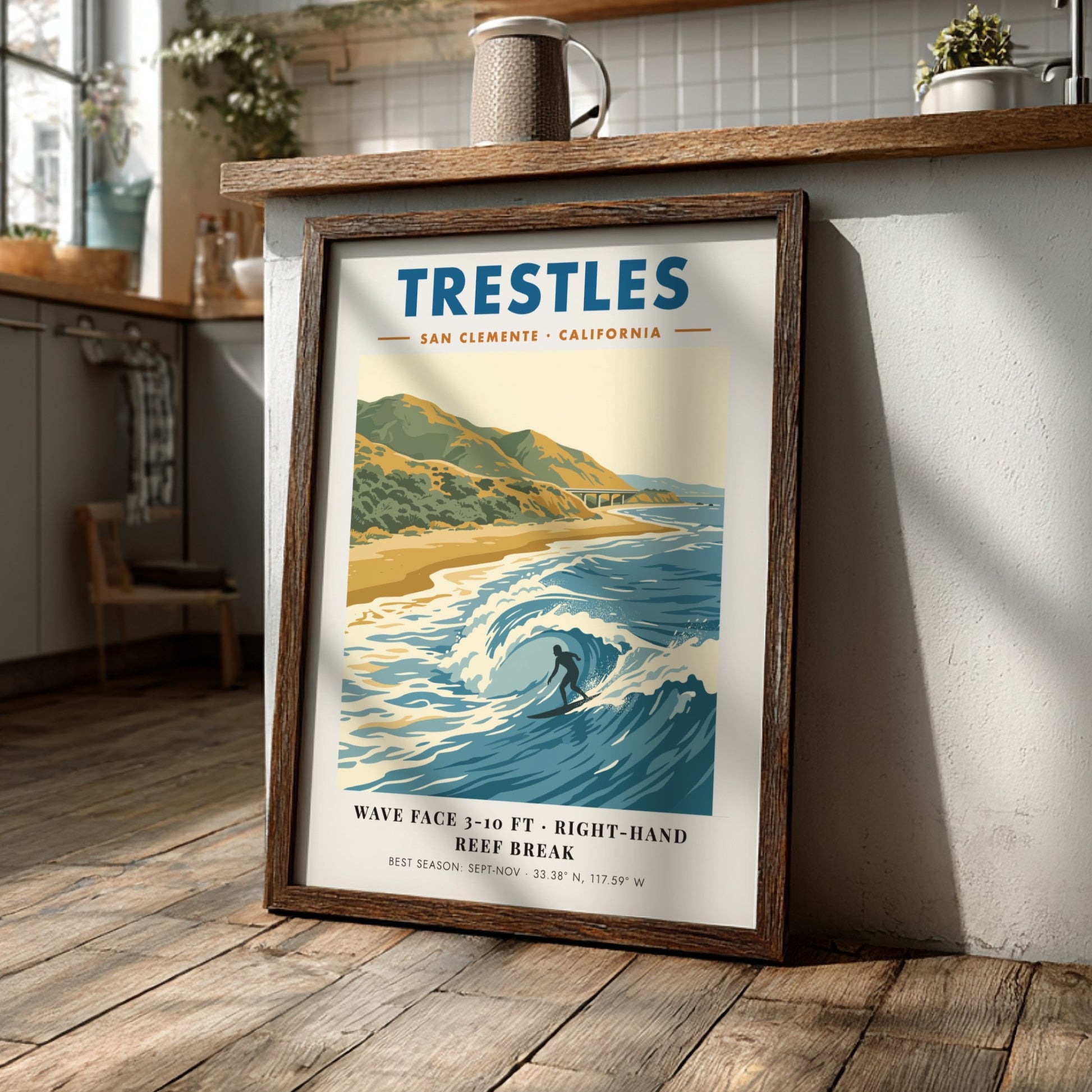 Vintage travel poster of Trestles surf break in San Clemente with blue ocean waves.