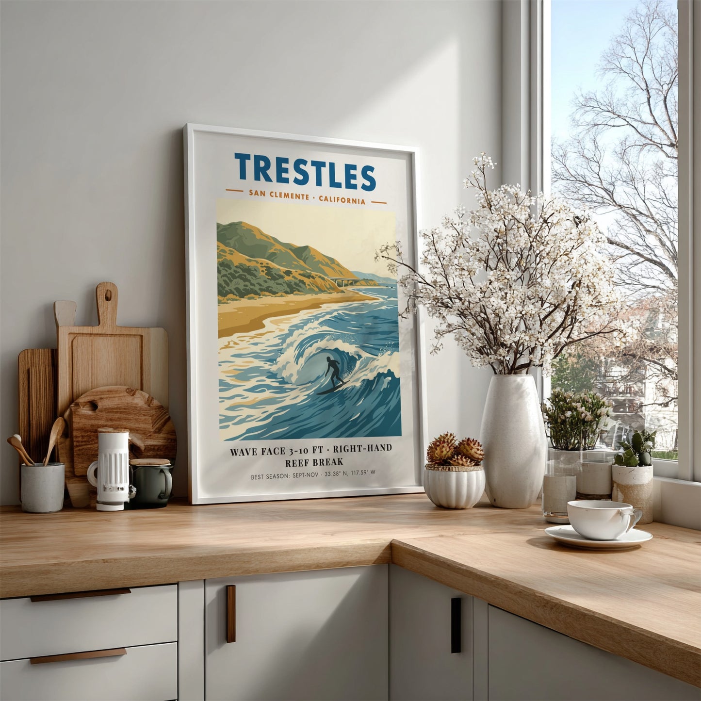 Vintage travel poster of Trestles surf break in San Clemente with blue ocean waves.
