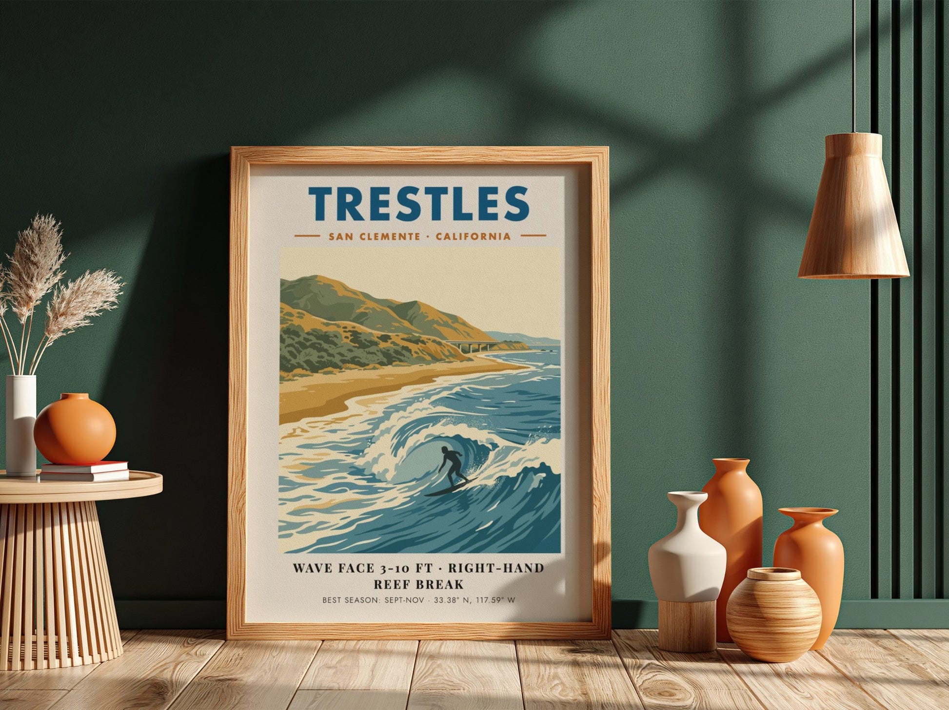 Vintage travel poster of Trestles surf break in San Clemente with blue ocean waves.