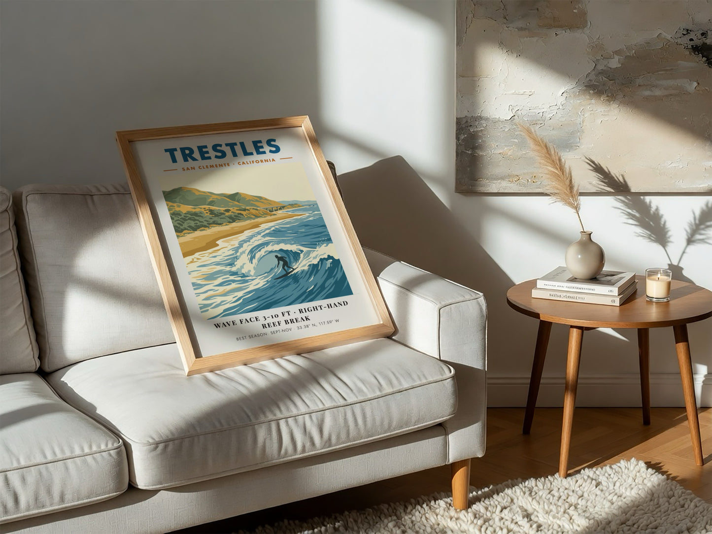 Vintage travel poster of Trestles surf break in San Clemente with blue ocean waves.
