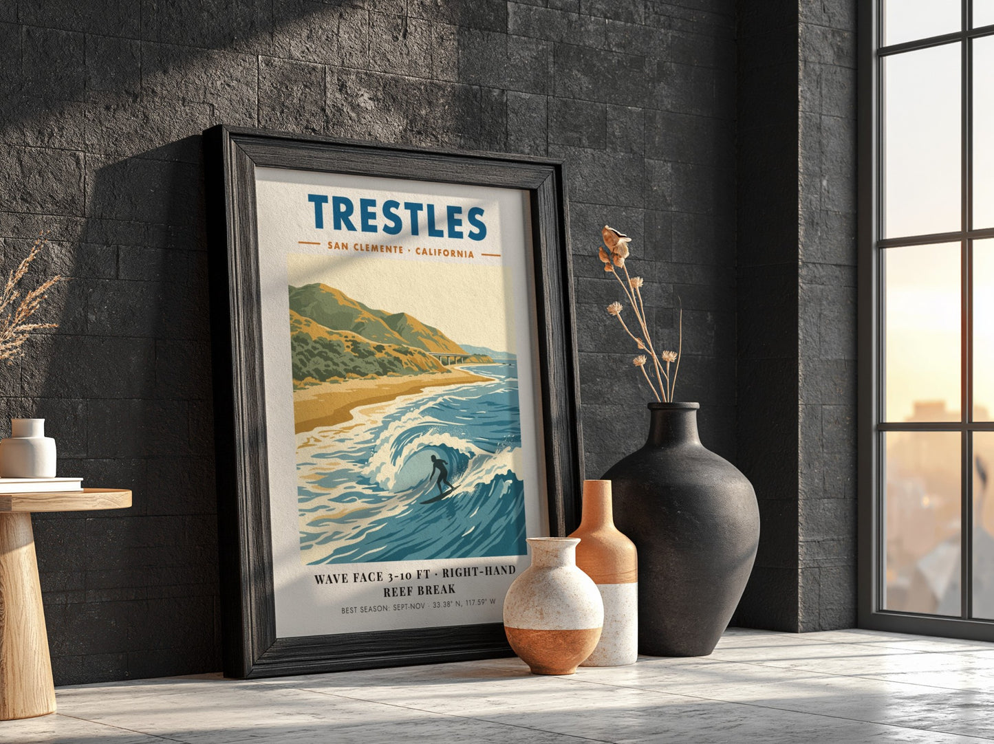 Vintage travel poster of Trestles surf break in San Clemente with blue ocean waves.