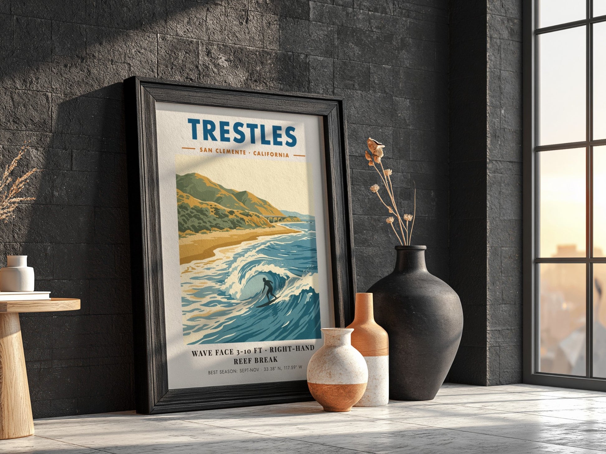 Vintage travel poster of Trestles surf break in San Clemente with blue ocean waves.