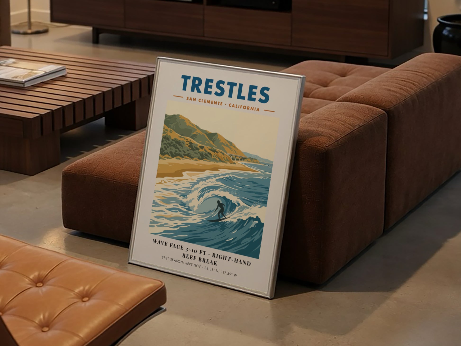 Vintage travel poster of Trestles surf break in San Clemente with blue ocean waves.