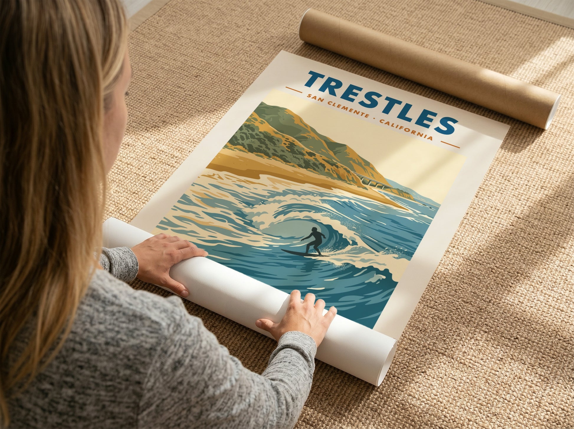 Vintage travel poster of Trestles surf break in San Clemente with blue ocean waves.