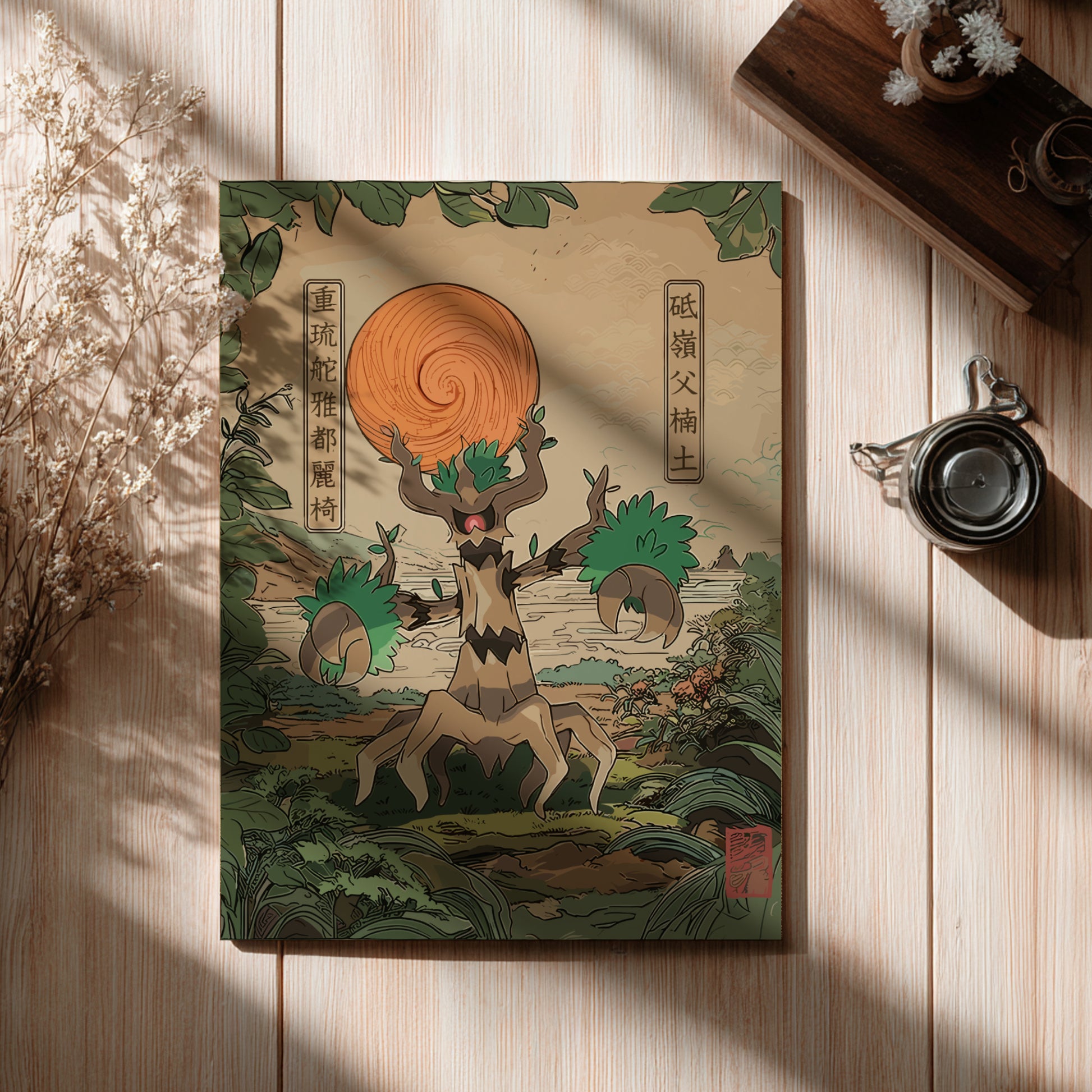 Wooden board with a nature-themed design featuring Trevenant Pokemon and sun on a wooden surface.