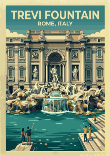 Travel poster of Trevi Fountain in Rome, featuring vintage style and soft colors