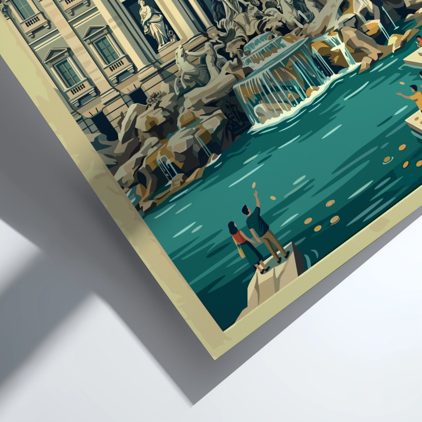 Travel poster of Trevi Fountain in Rome, featuring vintage style and soft colors