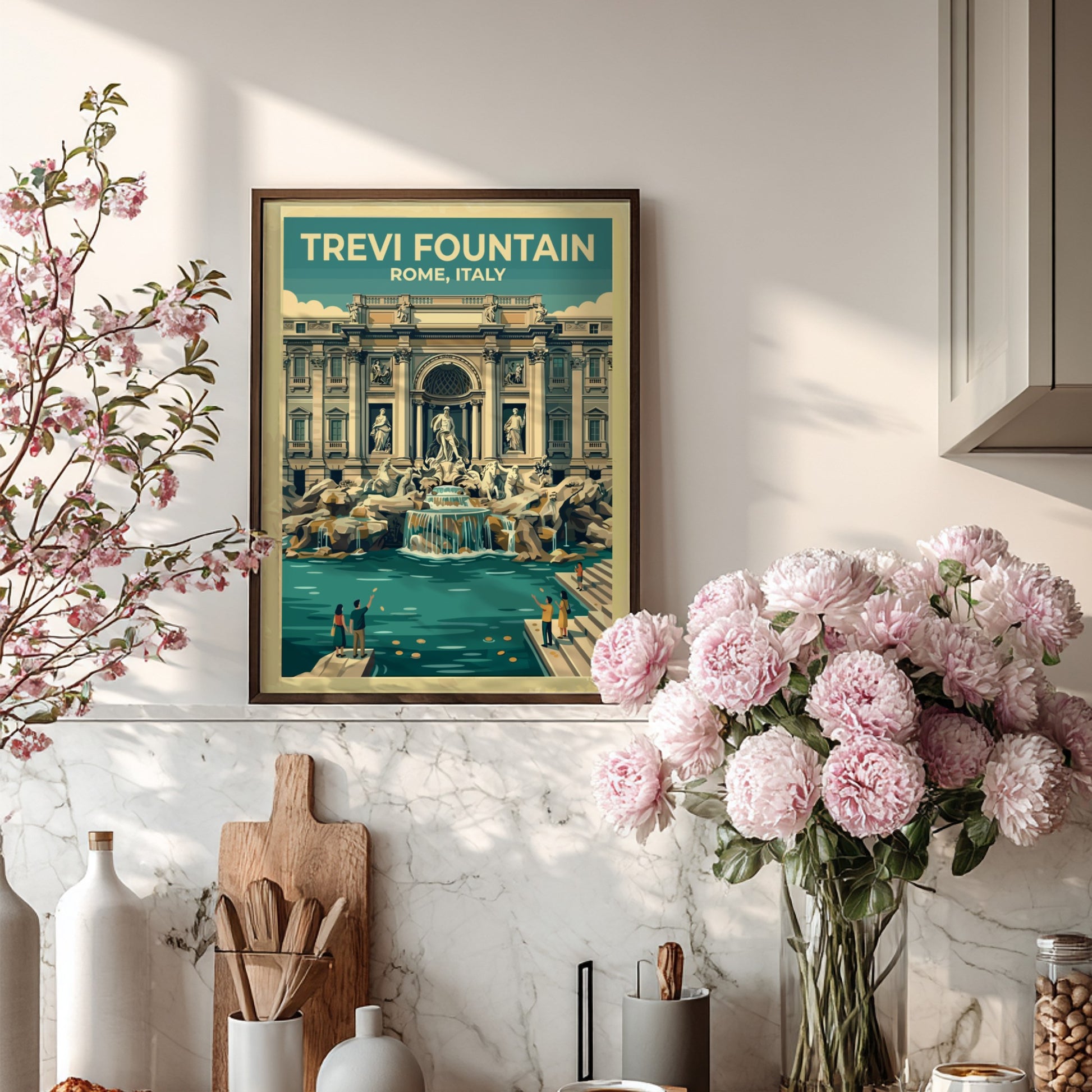 Travel poster of Trevi Fountain in Rome, featuring vintage style and soft colors