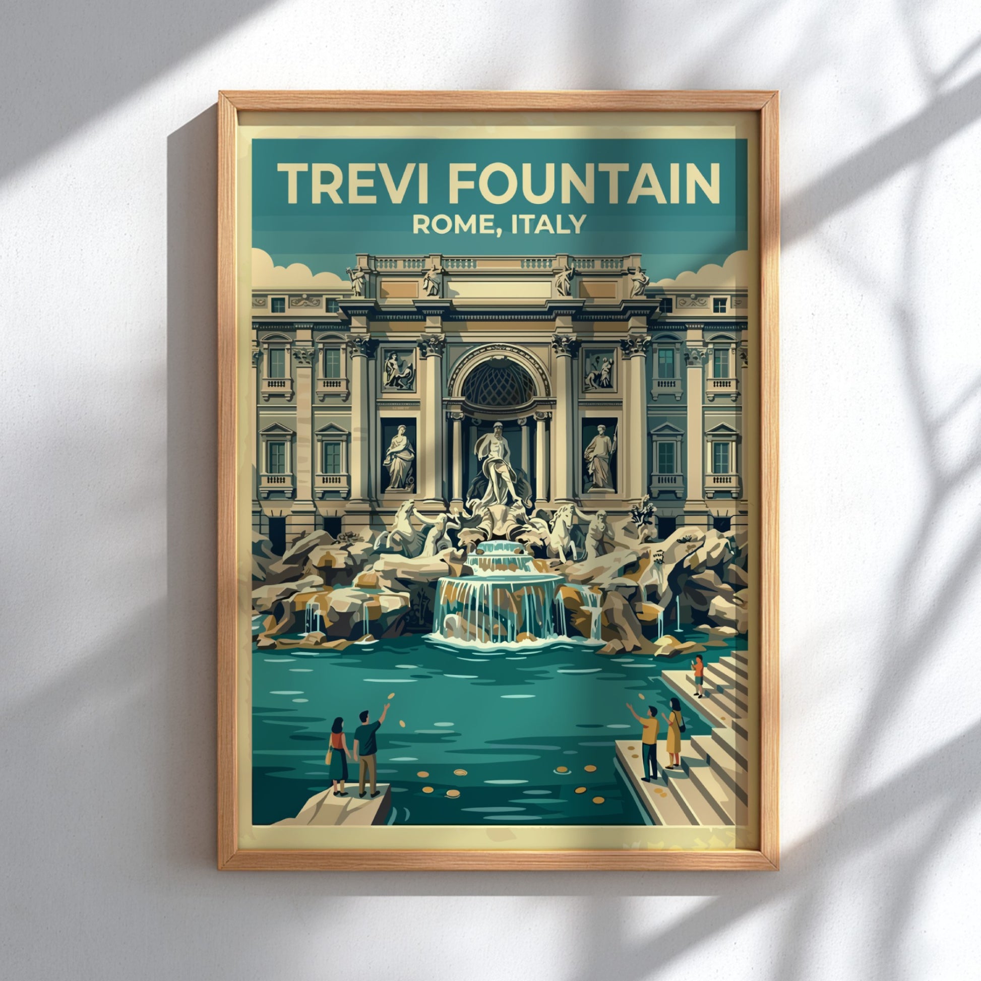 Travel poster of Trevi Fountain in Rome, featuring vintage style and soft colors