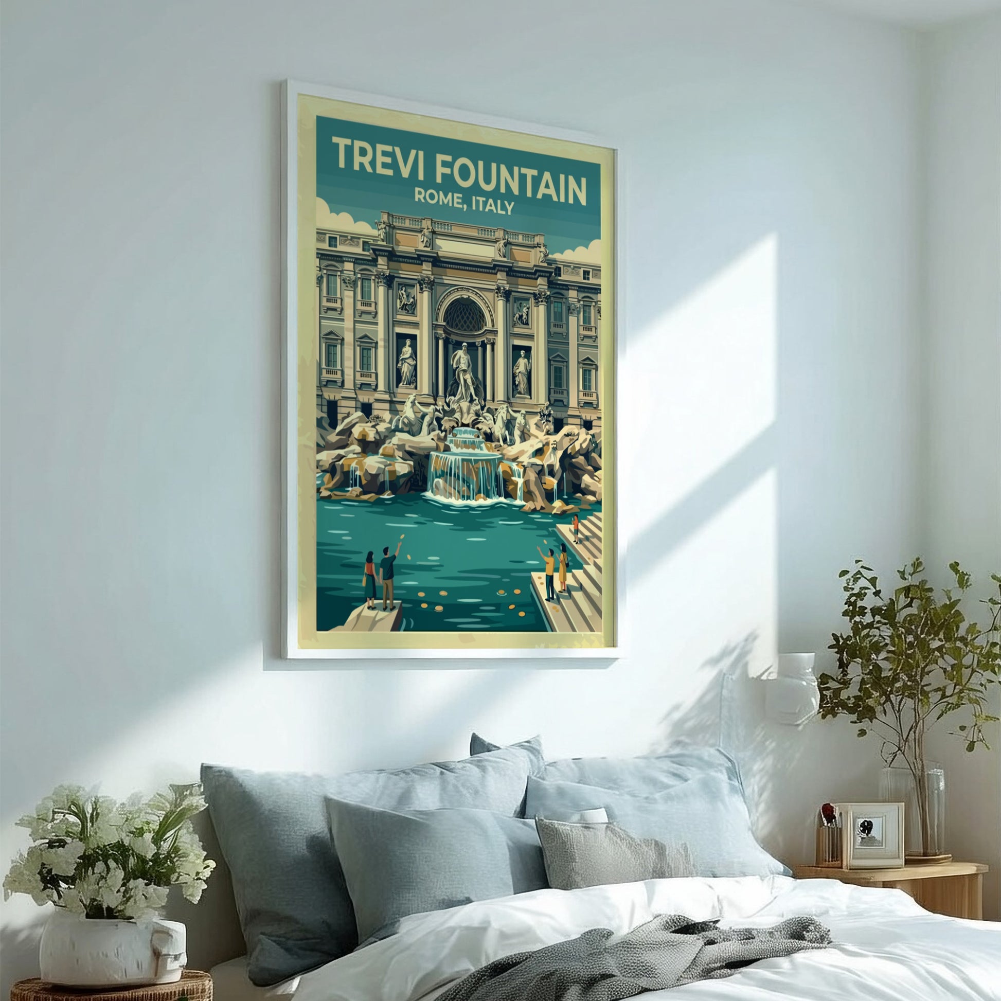 Travel poster of Trevi Fountain in Rome, featuring vintage style and soft colors