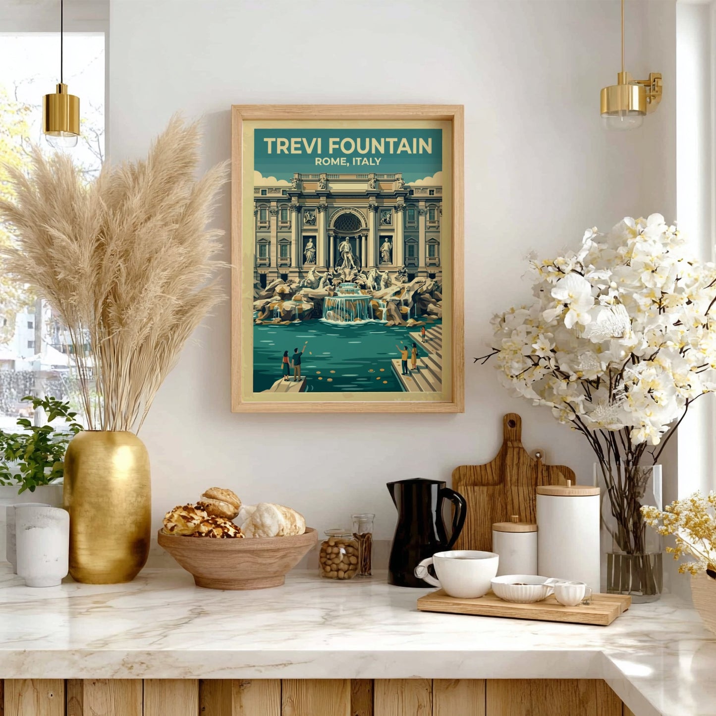 Travel poster of Trevi Fountain in Rome, featuring vintage style and soft colors