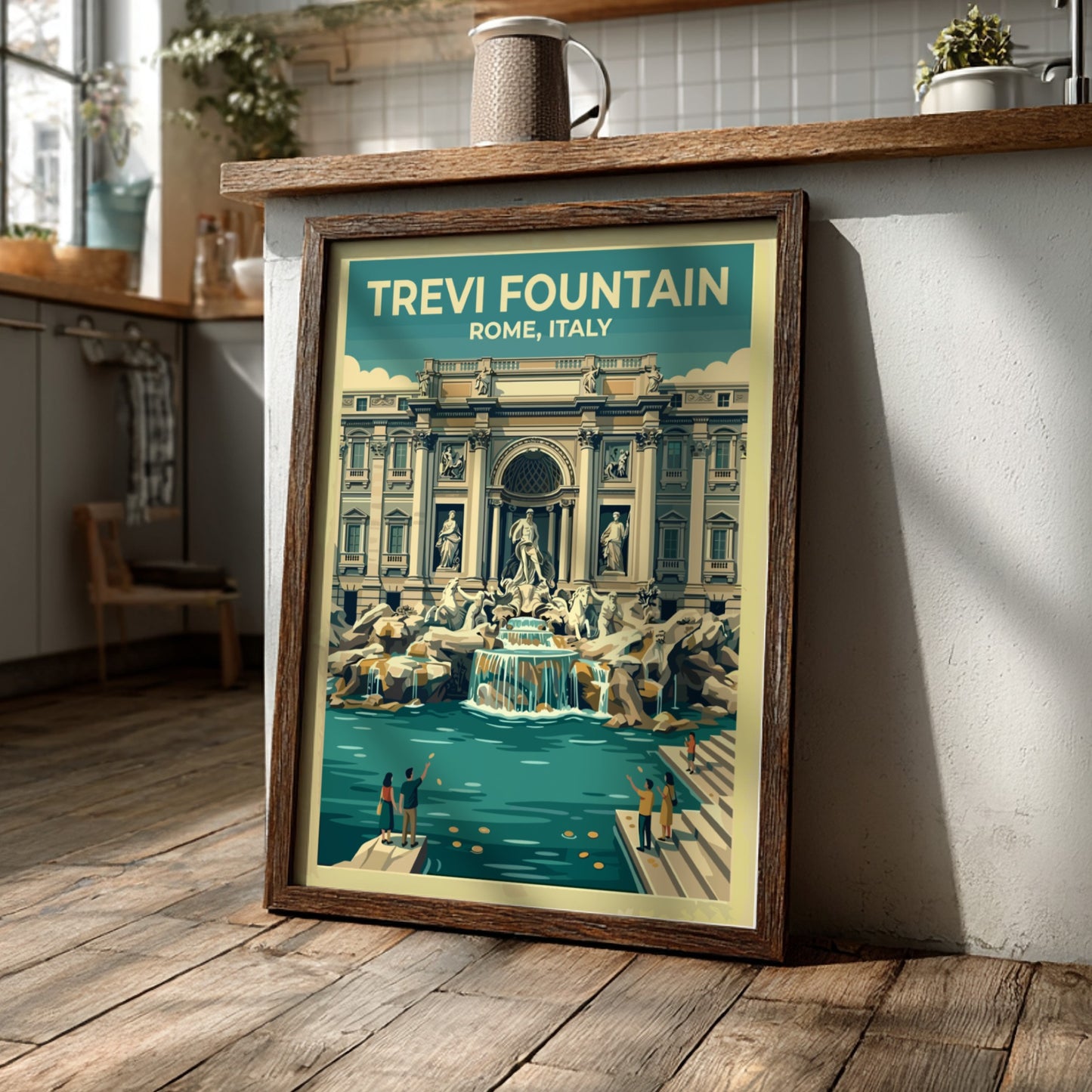 Travel poster of Trevi Fountain in Rome, featuring vintage style and soft colors