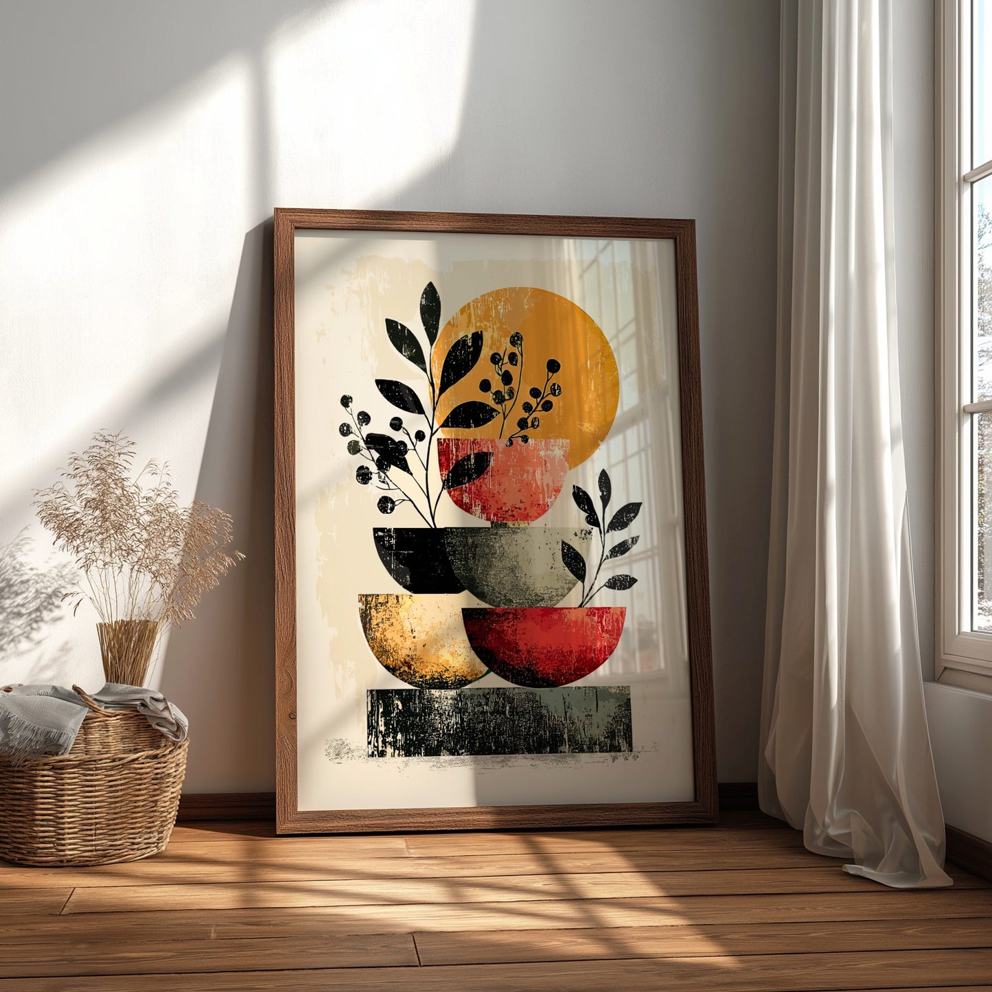 Framed abstract art print with colorful bowls and leaves in a room with natural light.