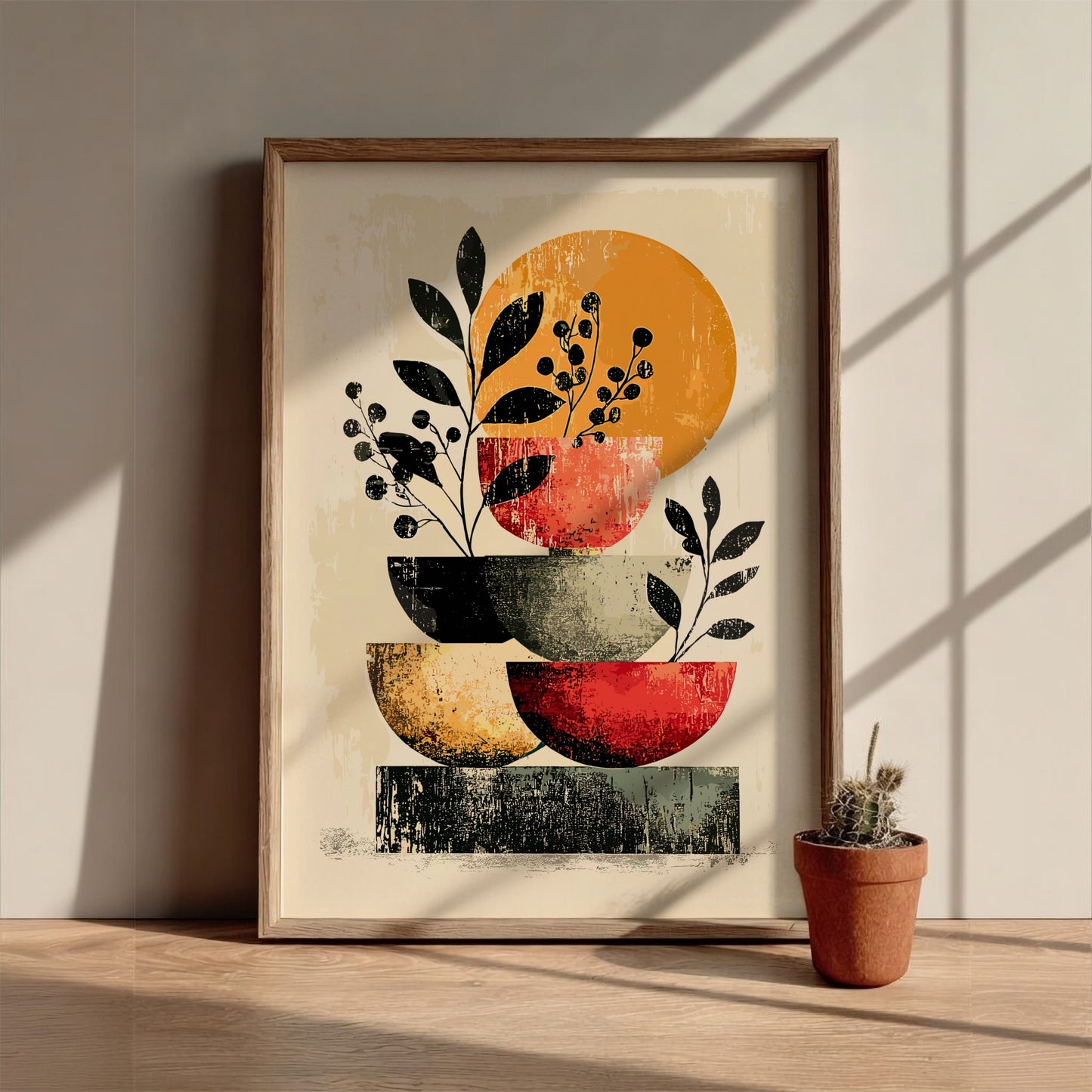 Framed abstract art print with geometric shapes and plants on a wall.