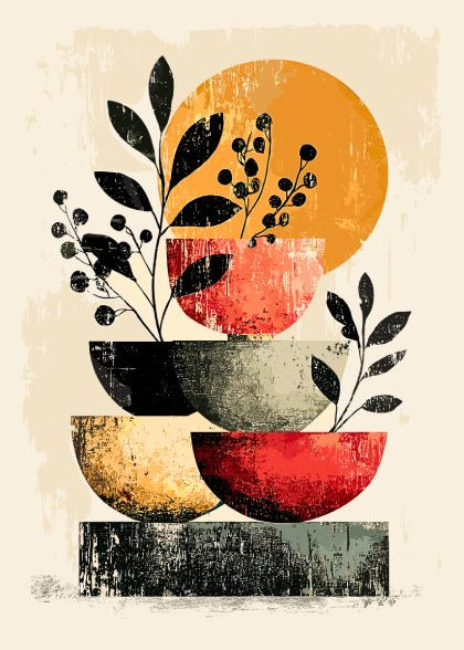 Abstract art with geometric shapes and black leafy branches on a textured beige background